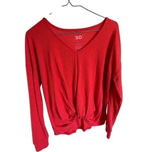 SO Red Ribbed‎ Knit V-Neck Long Sleeve Twist Front Casual Top